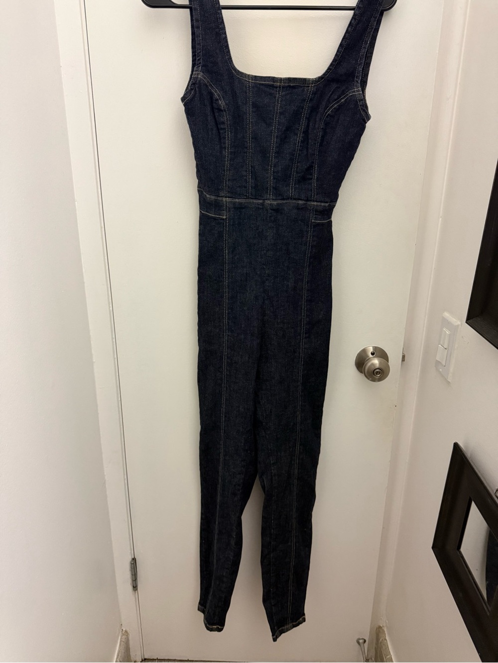 Slim Dark Blue Denim Jumpsuit with Square Neck